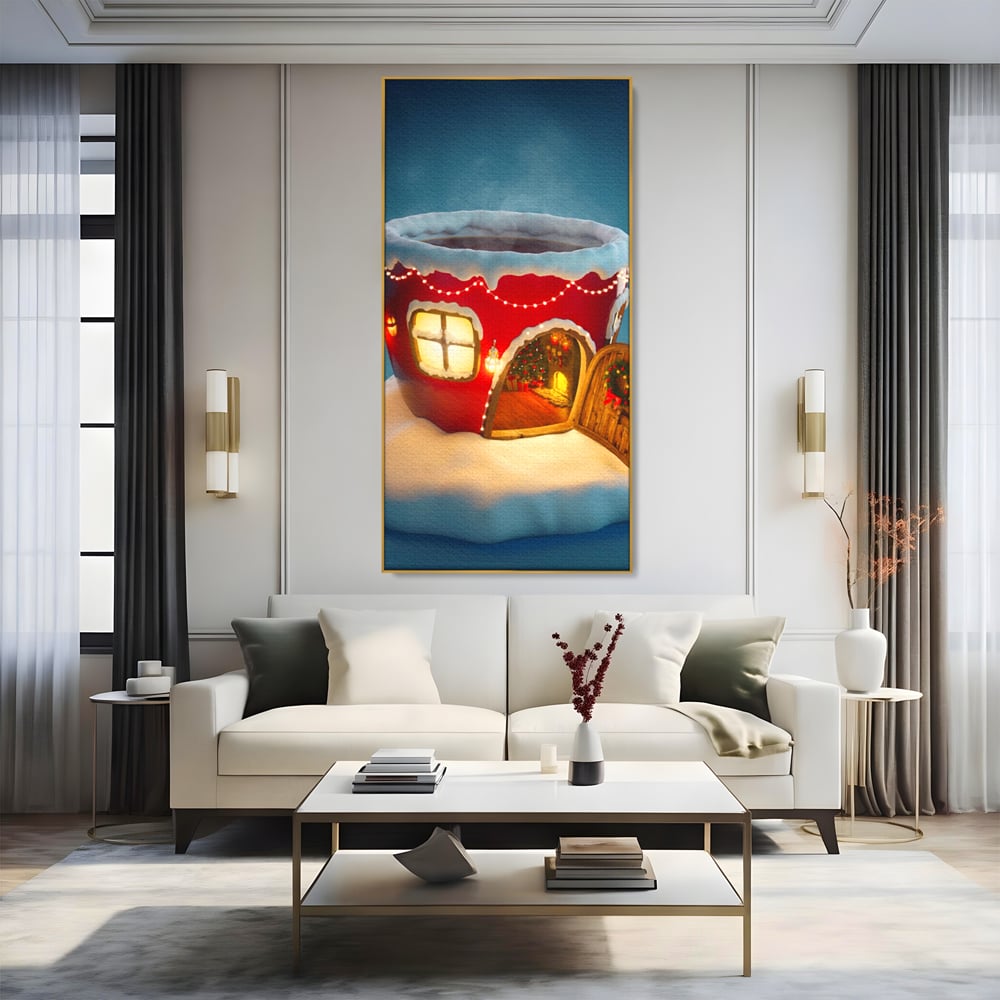 Tablou canvas cu ilustratie cana rosie cu casa de craciun, in rama de aluminiu auriu, pe perete intr-un living